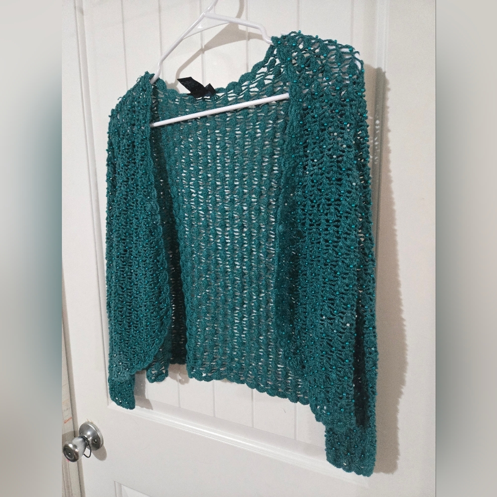 West End Teal Crochet Open Knit Beaded Sweater Size L Boho Layering Top